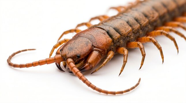 Close-up macro photograph of an orange centipede with black spots isolated on a plain white background.