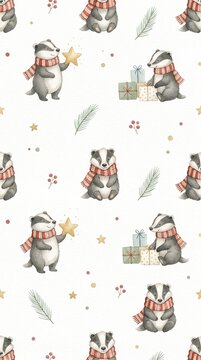 Cute Christmas watercolor pattern with badgers. Festive seamless background with woodland animals. Children's watercolor illustration with a badger character.