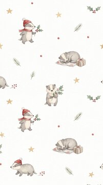 Watercolor badger holding a holly berry. Scandinavian style nursery pattern with animals. Vertical Christmas wrapping paper design. Cute Christmas watercolor pattern with badgers. 