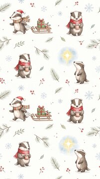 Minimalistic New Year pattern with stars and pine branches. Whimsical badger in a scarf winter pattern. Hand drawn Christmas textile design for children. 
