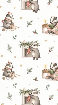 Badger with a lantern and gift boxes illustration. Cute Christmas watercolor pattern with badgers. Festive seamless background with woodland animals. Children's watercolor illustration 