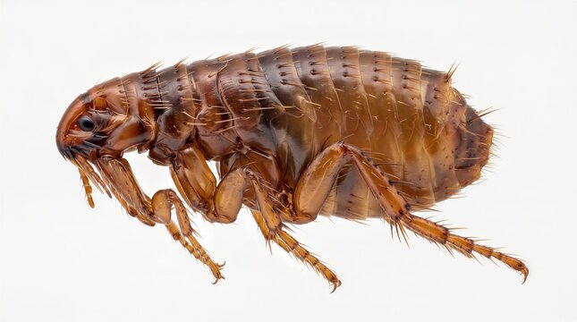 Macro view of a common flea parasite showing detailed anatomy and segments against a clean white backdrop.