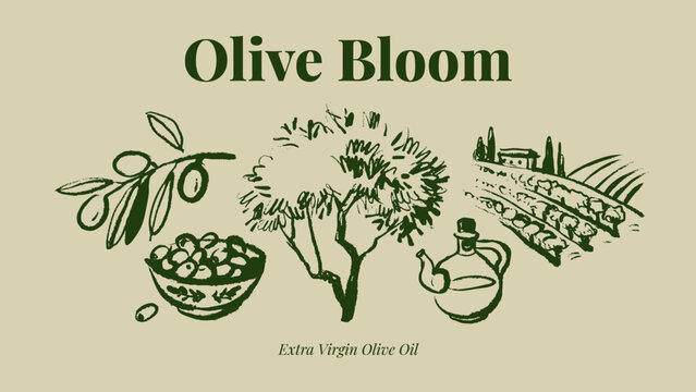 Vintage sketch olive set. Extra virgin, farm product, Mediterranean cuisine, cosmetic, organic farm, packaging label. Engraved hand drawn vector illustration.