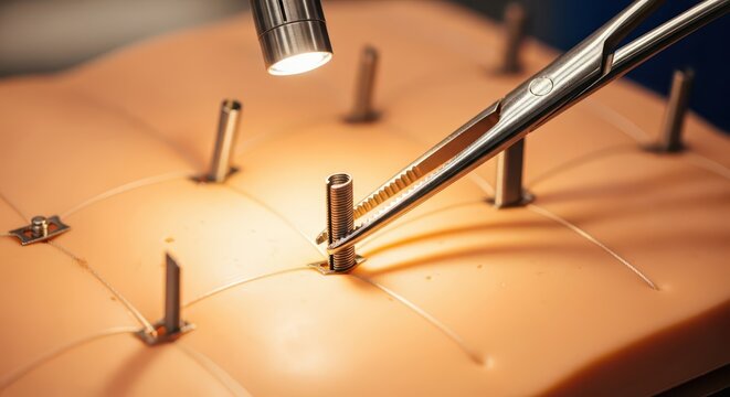 Close-up of surgical training simulation: forceps and sutures on a practice skin pad with illumination
