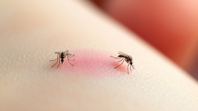 Mosquito bite bump and tiny mosquito on skin, pest irritation and health risk concept
