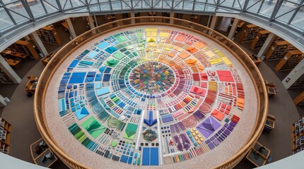 Naklejka premium Vibrant circular color spectrum arrangement of assorted stationary and office supplies displayed on a large floor exhibit in a modern library rotunda, showcasing creative artistic organization and