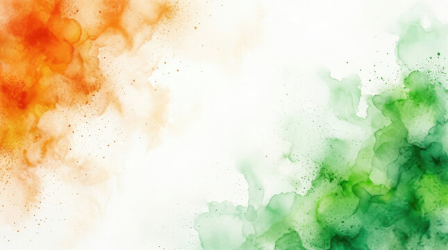 Modern India Independence Day abstract background featuring expressive saffron and green watercolor splashes with a spacious white center, symbolizing patriotism, freedom and festive celebration