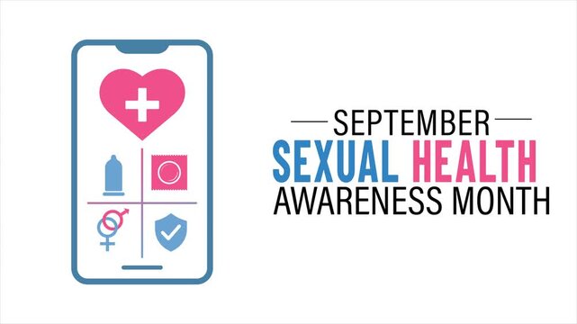 Motion graphics of Sexual Health Awareness Month design featuring a healthcare mobile app and medical protection icons.