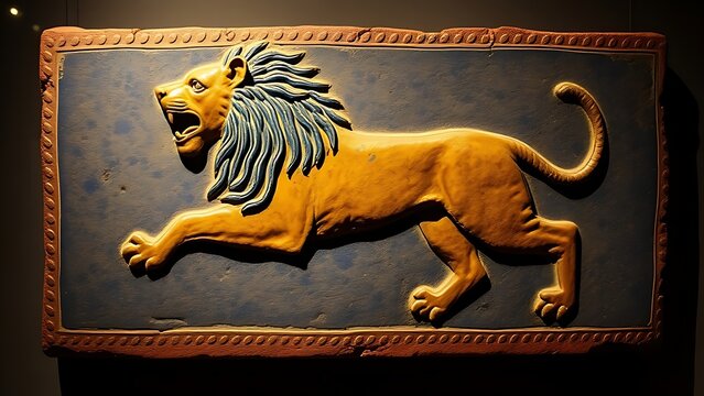 Glazed brick relief of a lion from ancient Babylon on display.