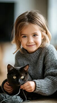 Adorable young girl with light brown hair wearing a cozy grey sweater smiles warmly while gently holding a black cat indoors. Natural light highlights their joyful bond