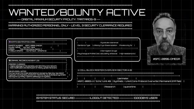 A high-tech sci-fi terminal flashes a classified bounty hunting alert, detailing criminal charges and database mugshot info of an escaped orbital space fugitive.