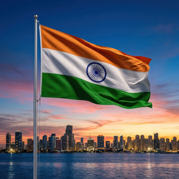 Majestic India Independence Day patriotic scene with the Indian national flag proudly waving above a modern city skyline at sunset, celebrating freedom, unity, progress, heritage and national pride