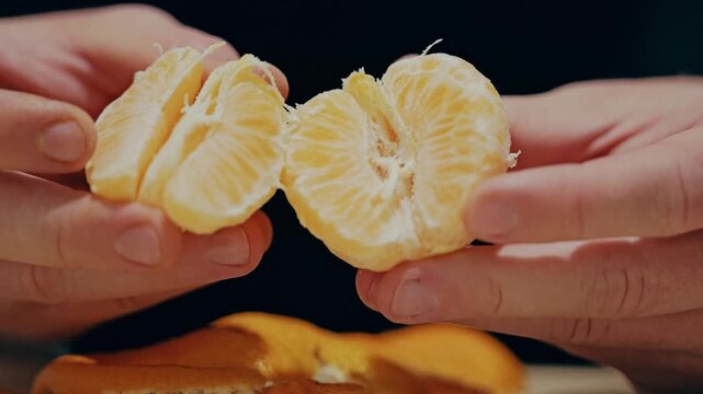 Slow motion citrus opening reveals fresh segments symbolizing health, care and nutrition
