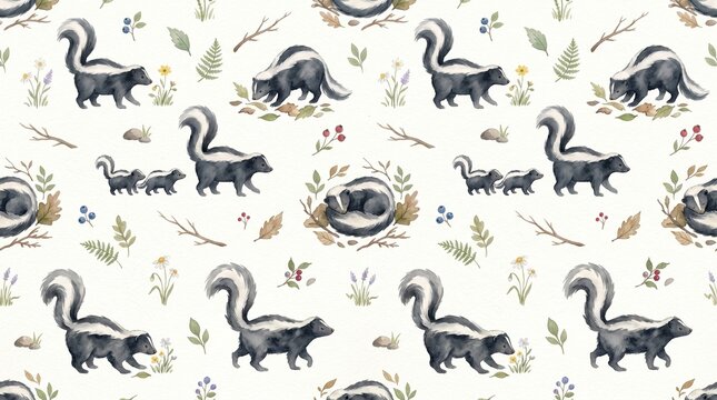 Seamless forest wildlife pattern with cute skunks, botanical elements, and autumn foliage for nursery bedding, fabric print, and home decor. Autumn forest skunk seamless vector design 