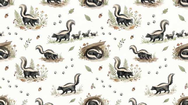 Hand drawn watercolor skunk background pattern featuring sleeping baby skunks, forest plants, berries, and acorns for children textile design. Sweet nursery watercolor pattern with cute skunks
