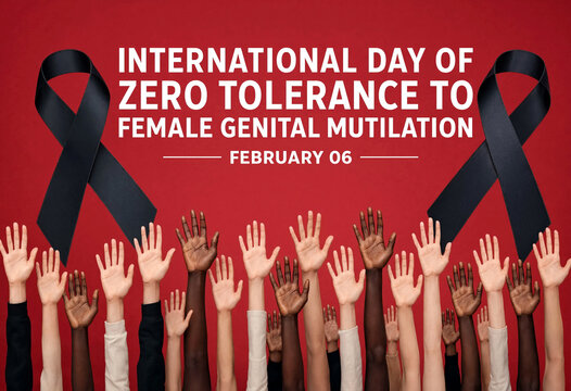 Diverse group of hands raised with awareness ribbons for female genital mutilation campaign event