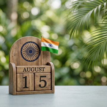 Charming India Independence Day celebration with a wooden calendar displaying 15 August, the Indian national flag and Ashoka Chakra against a natural green background, symbolizing patriotism and freed
