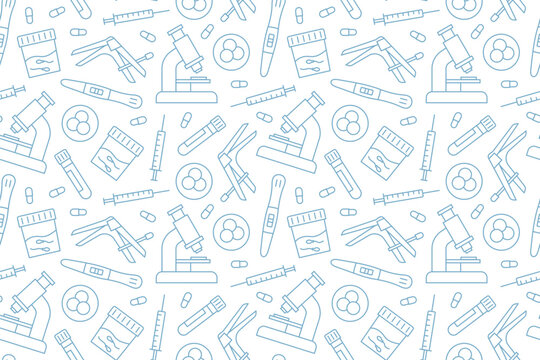 IVF In Vitro Fertilization seamless pattern, fertility treatment icons including sperm, egg cell, microscope, test tube and medical symbols - vector illustration