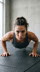 Obraz premium Close-up portrait of an athletic woman looking intently at the camera while doing push-ups, minimal background and strong focused look