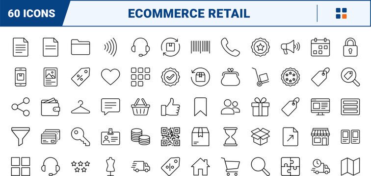 Ecommerce business line icon set. Vector pictograms of product, checkout, delivery, and store elements, thin linear illustration.