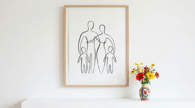 Minimalist Family Line Art in Wooden Frame on White Wall with Flowers