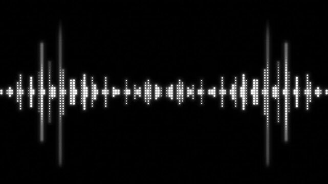 Glowing sound wave motion visual bright white equalizer dots, deep black space, rhythmic audio pulse style. music openers, voice recordings, podcast episodes, radio branding, motion overlays.