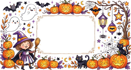 Fototapeta premium Halloween frame with cute witch pumpkins and ghosts, halloween