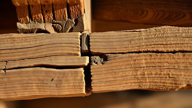 Close-up of an ancient wooden beam joint with mortise and tenon.
