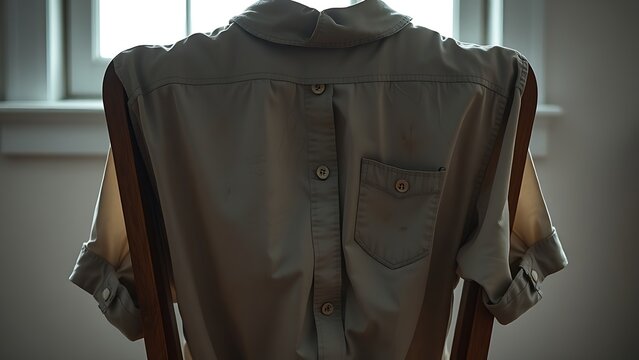 A soiled shirt draped over a wooden chair, buttons misaligned and collar askew.