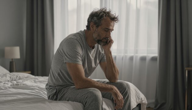 Middle-Aged Man Struggling with Depression Sitting on Bed