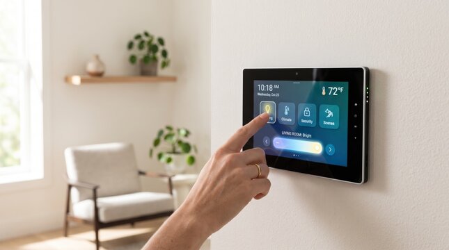 Hand using smart home control panel on wall, touch screen interface for lighting and climate, modern house automation system, IoT device, interior design, energy saving