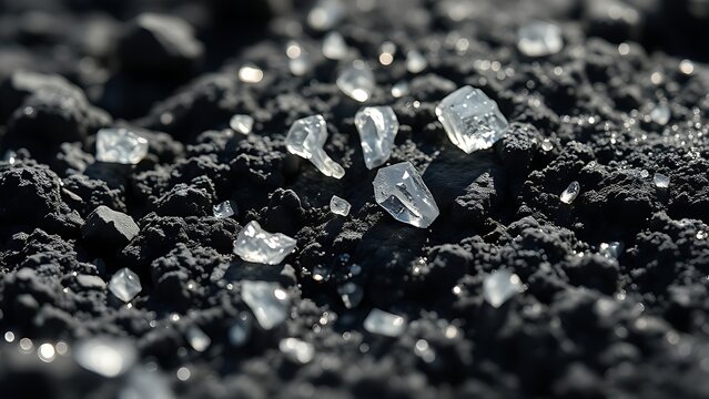 Silver bromide crystals forming on a black rock surface, glistening in sunlight.