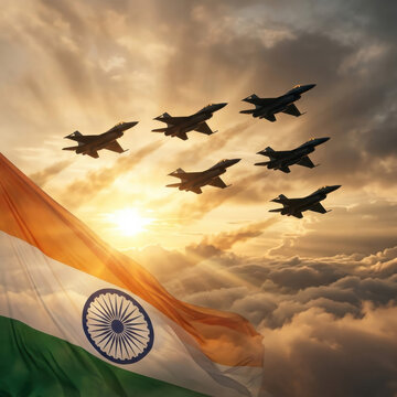 Majestic India Independence Day artwork featuring military aircraft flying in formation beside the Indian tricolor flag through a golden sunrise sky, celebrating patriotism, strength, vigilance and fr