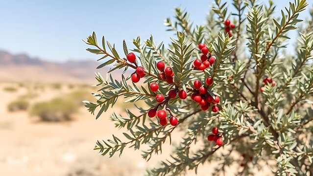 Silver-leaved oleaster shrub with red fruits swaying in desert breeze under vast sky.