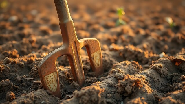 Rusted iron plowshare tilted in freshly turned brown soil.