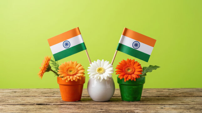 Creative India Independence Day decoration showcasing vibrant flower pots in saffron, white and green with Indian national flags and fresh blossoms against a bright green background, celebrating pride