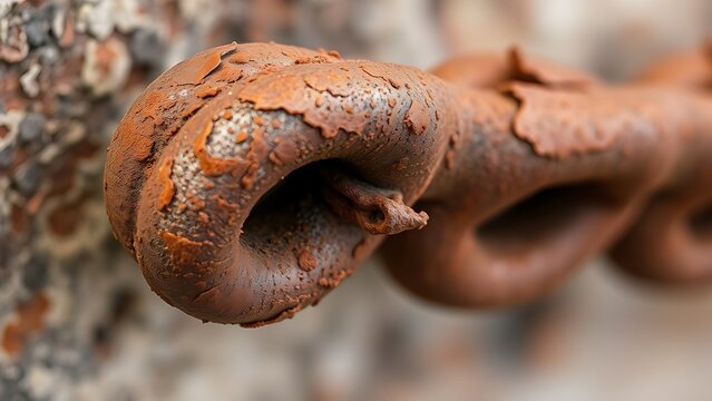 Close-up of a heavily rusted iron chain with flaking reddish-brown corrosion.