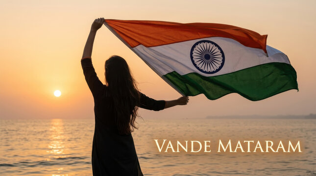 Beautiful India Independence Day celebration featuring a silhouette proudly waving the Indian tricolor flag beside the ocean at sunset, celebrating patriotism, freedom, heritage and national pride