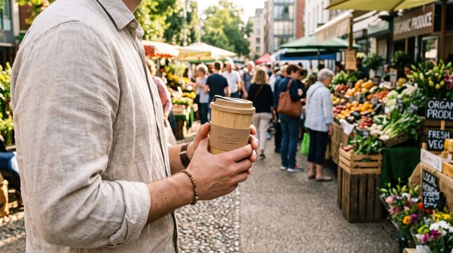 Man holding eco-friendly reusable coffee cup at bustling outdoor farmers market, sustainable lifestyle, zero waste shopping experience, organic produce, healthy living choices