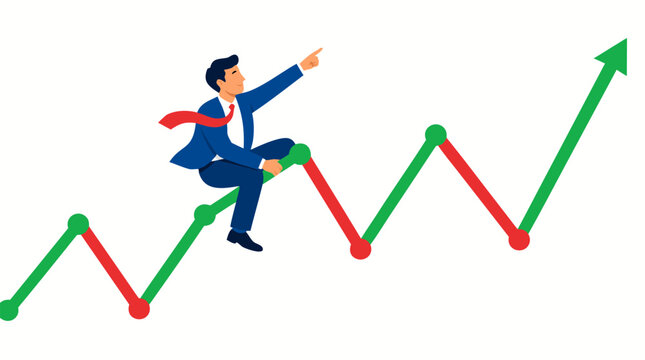 Financial volatility illustration of a businessman balancing on a jagged red and green line chart, depicting investment fluctuations, market uncertainty, business risk, resilience, and changing