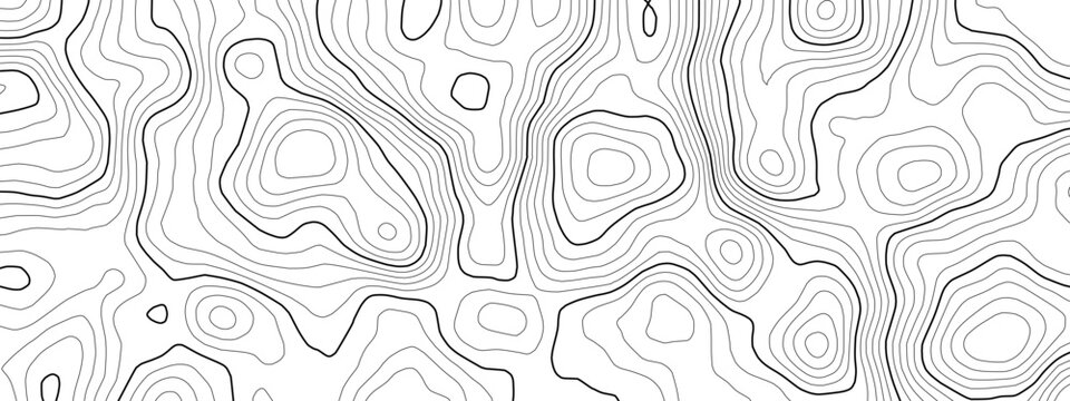 Line contour map with mountain topography vector and topographic texture pattern. Background terrain sea with wood trail cartography and land ocean relief. Abstract topo design with geographic.