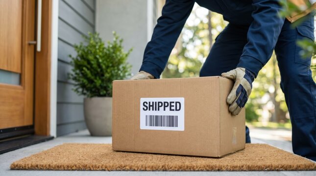Delivery man dropping shipped parcel box on doorstep, logistics service and e-commerce shipping concept, courier handling package for home delivery