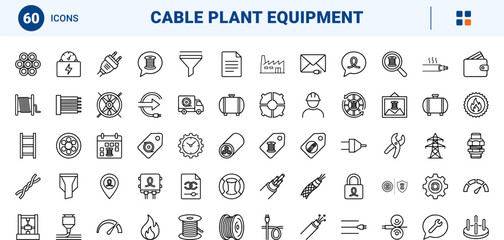 Fototapeta premium Industrial manufacturing line icon set. Vector pictograms of equipment, production, products, and supply elements, thin linear illustration.