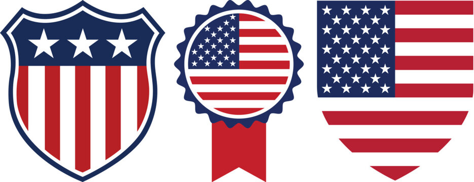 American flag shield badge and medal icon set with red white blue stars and stripes