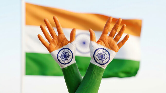India Independence Day Creative Hand Art with Ashoka Chakra Painted as Eyes, Raised Hands in Tricolor Paint Against Indian Flag Background, Artistic Patriotic Body Paint Concept, Unique Design