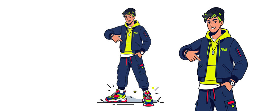Stylish young man pointing at colorful sneakers, modern illustration