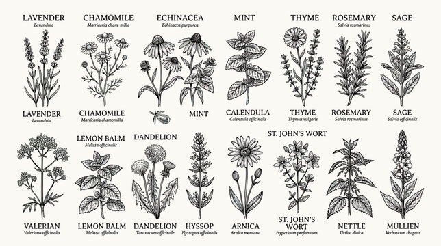 Botanical Illustrations of Medicinal Herbs Collection