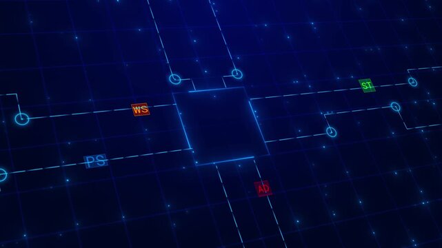 Circuit routing grid interface visual blue square center, glowing paths, labeled nodes, dark technical layout. network planning, software flow, data maps, digital dashboards, motion tech overlays.
