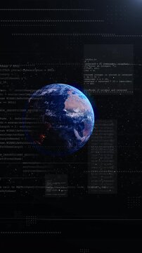Global software data globe visual Earth imagery, code windows, numeric streams, dark technical interface. worldwide systems, cyber security promos, cloud communication , analytics reports, motion
