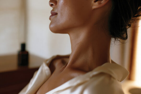 A close-up of a woman's elegant neck and jawline highlights her beauty and confidence, complemented by warm light, creating an intimate and sophisticated atmosphere.